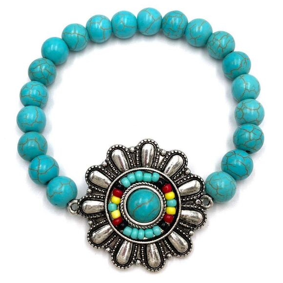 Turquoise Flower Concho Seed Bead Southwestern Bohemian Bracelet‎ - Picture 6 of 6